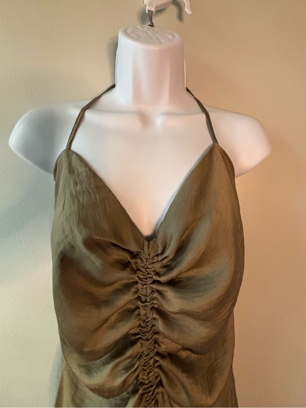 Princess Polly Satin Ruched Halter Mini Dress Olive SZ 8 Y2K Clubcore - Picture 3 of 8